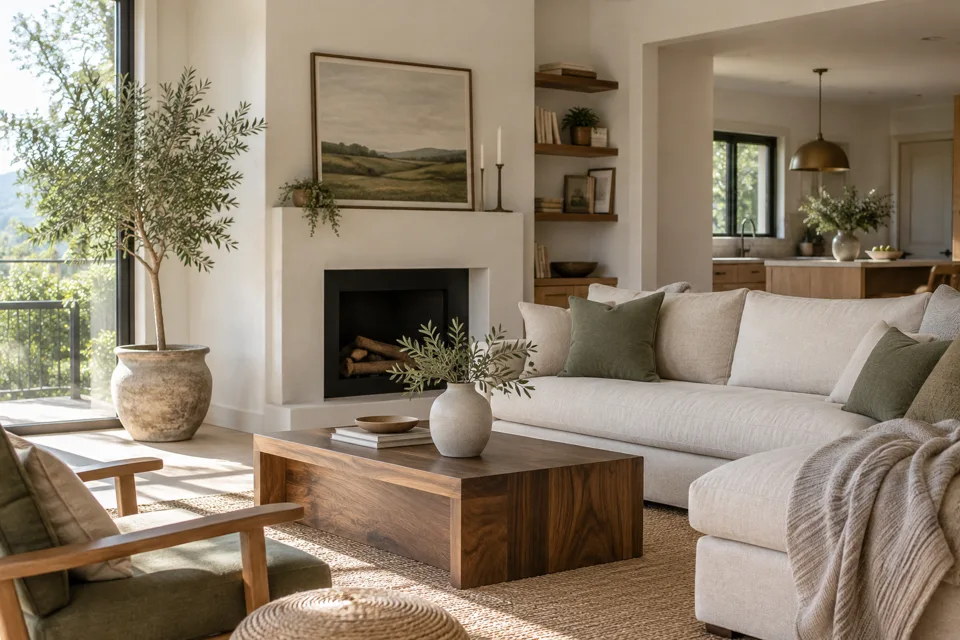 Illustrative living room with warm wood and soft natural light